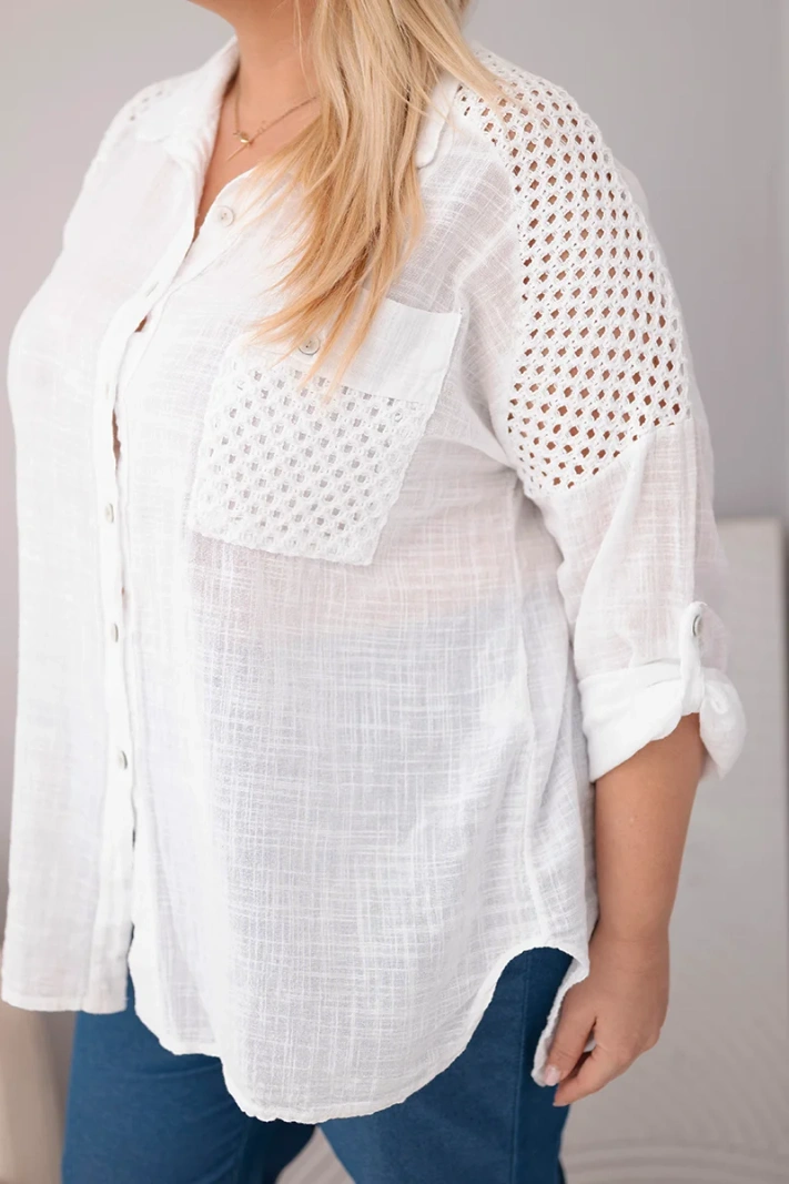 Dámska bavlnená košeľa Plus Size s golierom a čipkovou vsadkou biela