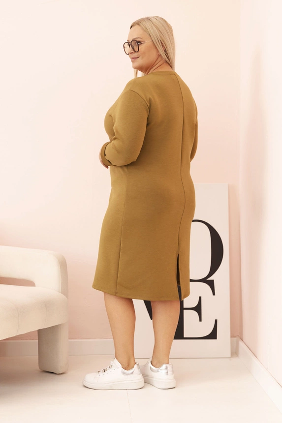 Dámská plus size šaty máslové s výstřihem do V a rukávem olivová