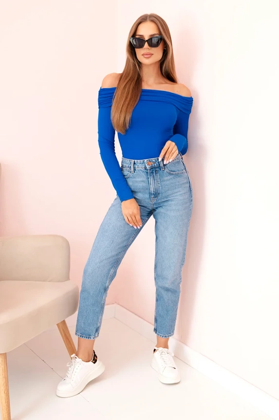 Langärmelige Damen-Bodysuit-Bluse mit nackten Schultern kornblumenblau
