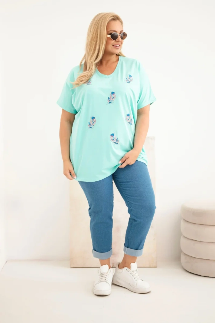 Women's cotton Plus Size blouse with feathers mint