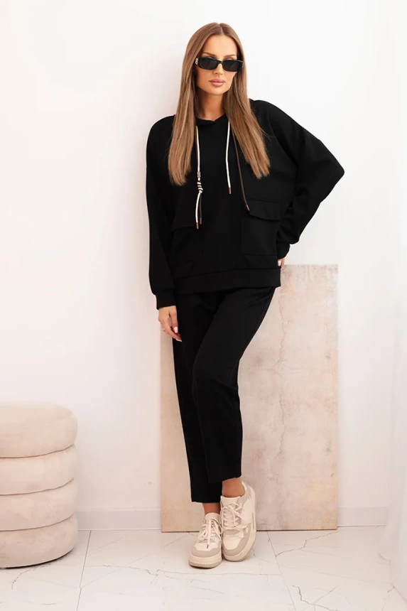 Women's set butter hoodie and pants with a belt black