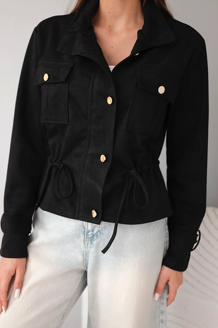 Women’s suede jacket with pockets and a waist drawstring black