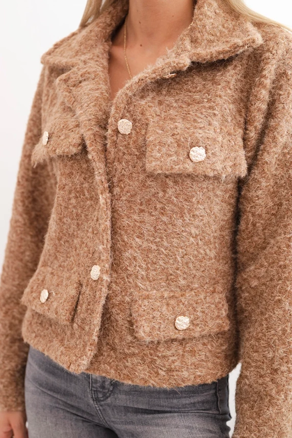 Women's jacket with fluffy wool texture and decorative buttons camel