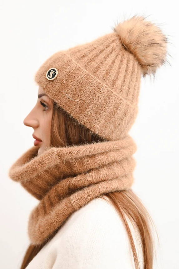 Women's winter set with pompom and cowl camel