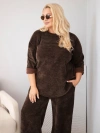 Komplet damski Plus Size z wiskozy sztruksowy z szerokimi spodniami i bluzą brązowy