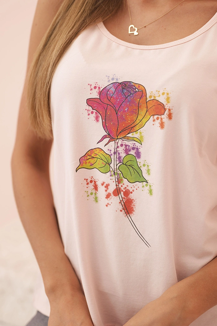 Women's cotton spaghetti-strap top with floral print powder pink