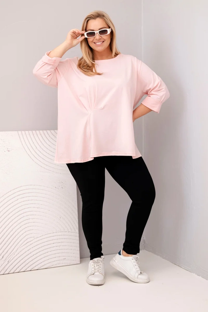 Moteriška plus size marškinėliai su medvilne ilgomis rankovėmis ir raukšlėmis pudro rožinė