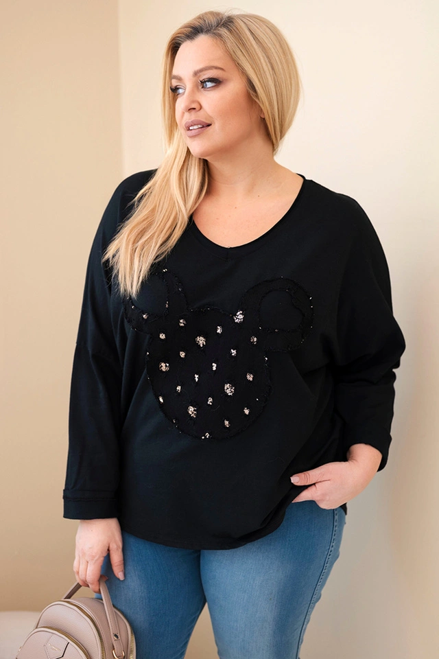 Damenbluse aus Baumwolle Plus Size mit V-Ausschnitt schwarz