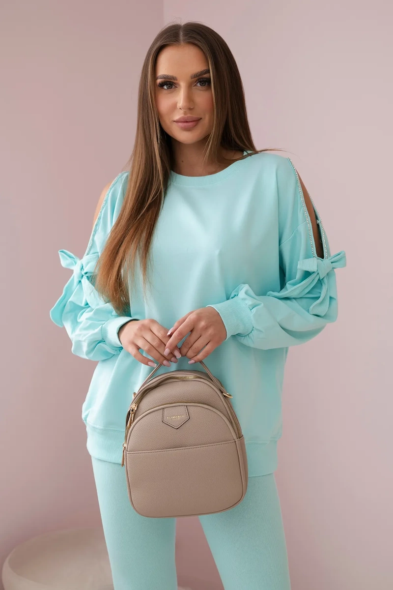 Komplet bluzy z kokardą na rękawach i legginsów miętowy zdjęcie 1