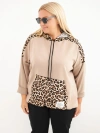 Dámska mikina Plus Size z viskózy s kapucňou a panterkovými vsadkami karamelová