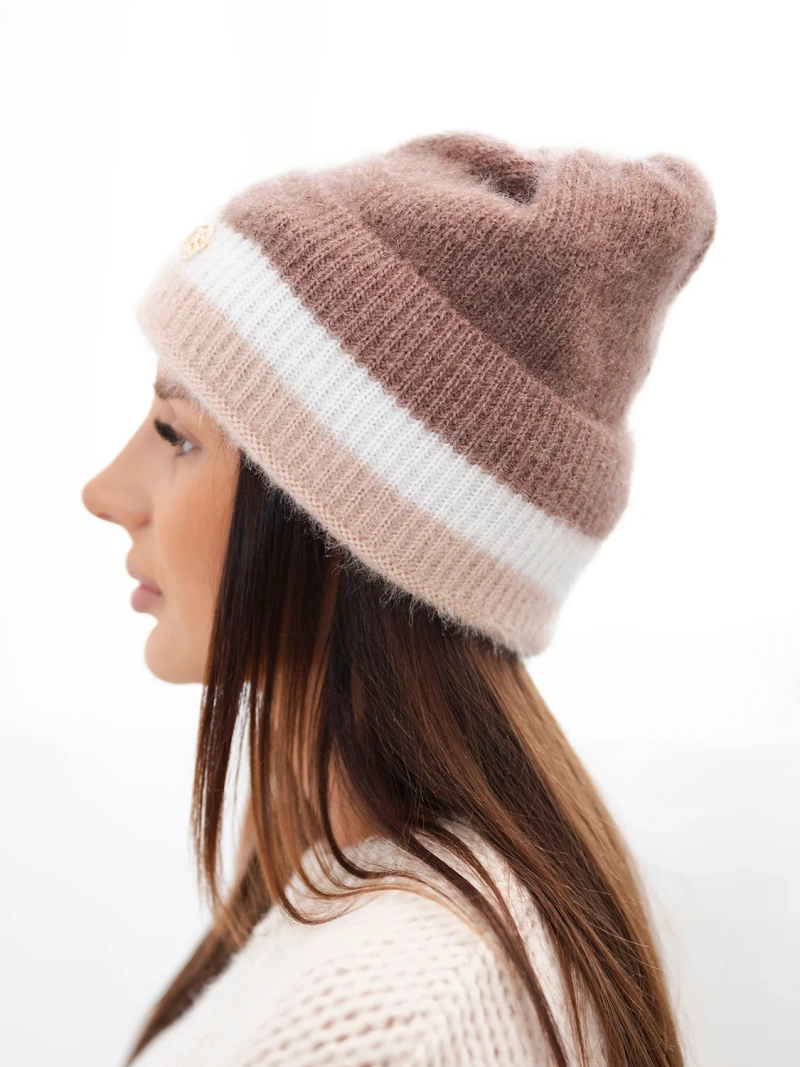 A hat women's beanie ribbed with decoration fango+white