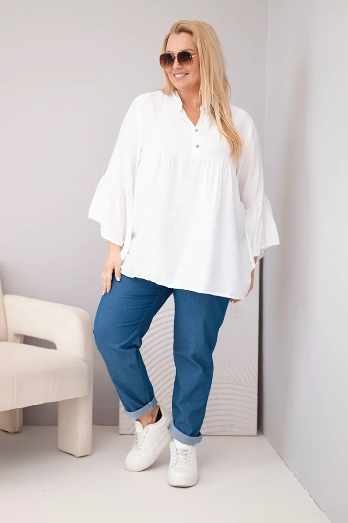 Women's plus-size viscose blouse with ruffled sleeves and V-neck white