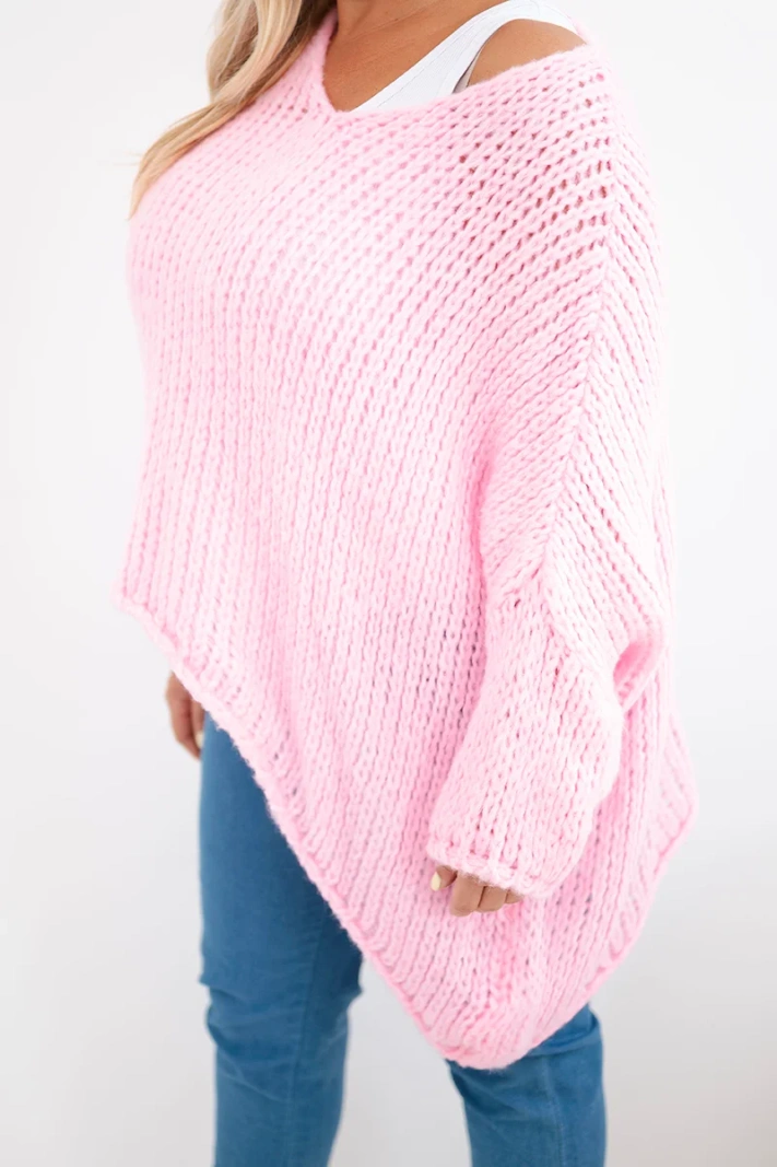 Damenpullover oversized mit V-Ausschnitt und längerem Rückenteil ajour Candy Rosa