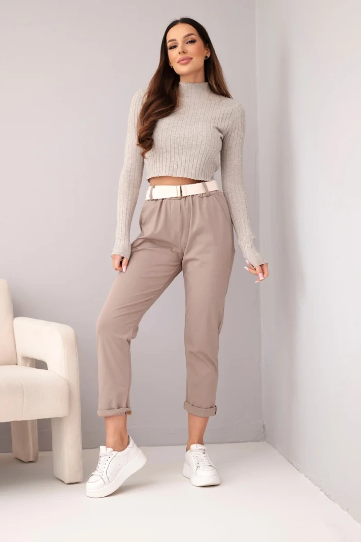 Damen Baumwollhose mit Gürtel und umgeschlagenem Bein fango