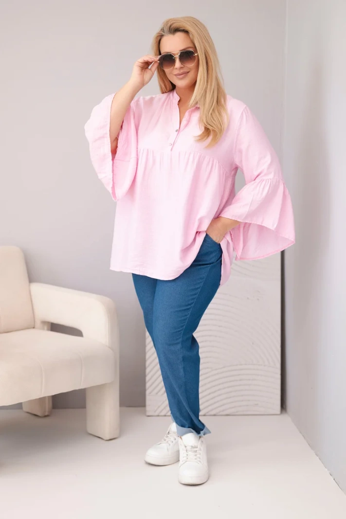 Damen Viskosebluse Plus-Size mit Volantärmeln und V-Ausschnitt Bonbonrosa