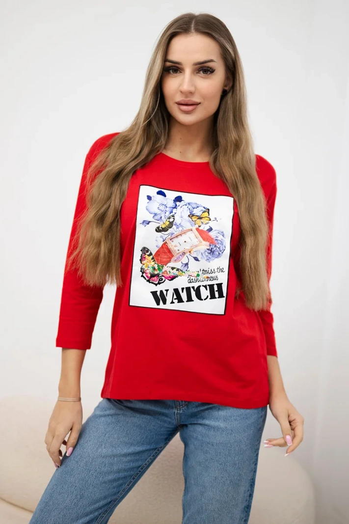 Bluse mit 3D Watch Grafik rot