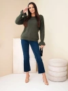 Damenpullover mit Mohair und Wolle mit Volant an den Ärmeln khaki