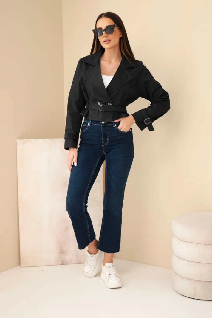 Women's short viscose double-breasted jacket with belt and lapels black
