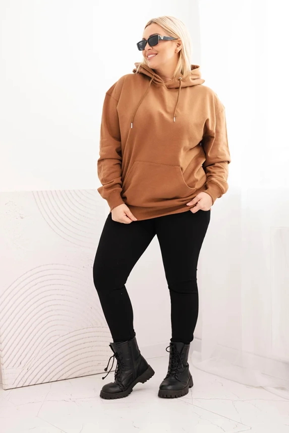 Dámská mikina s kapucí a klokankou Plus Size z bavlny camelová