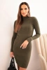 Women's ribbed viscose dress with long sleeves and a stand-up collar khaki
