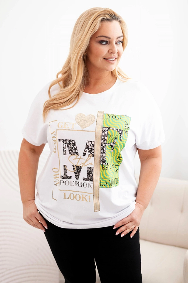 Women's cotton Plus Size blouse with print and sequins white + green