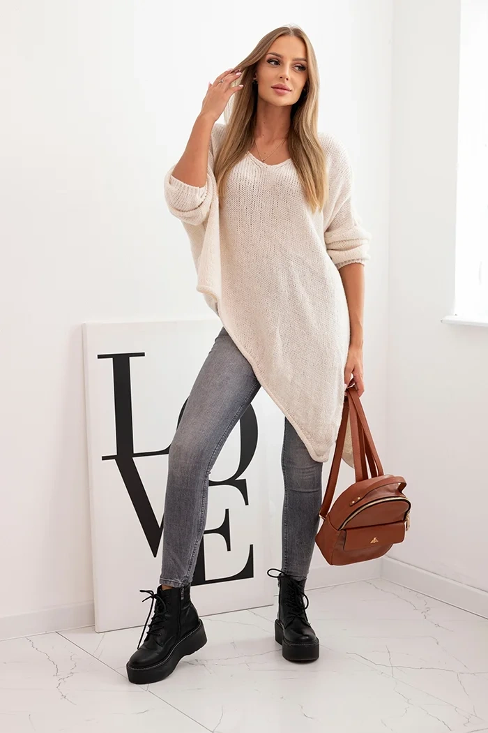 Women's asymmetrical wool sweater Plus Size with V-neck light beige
