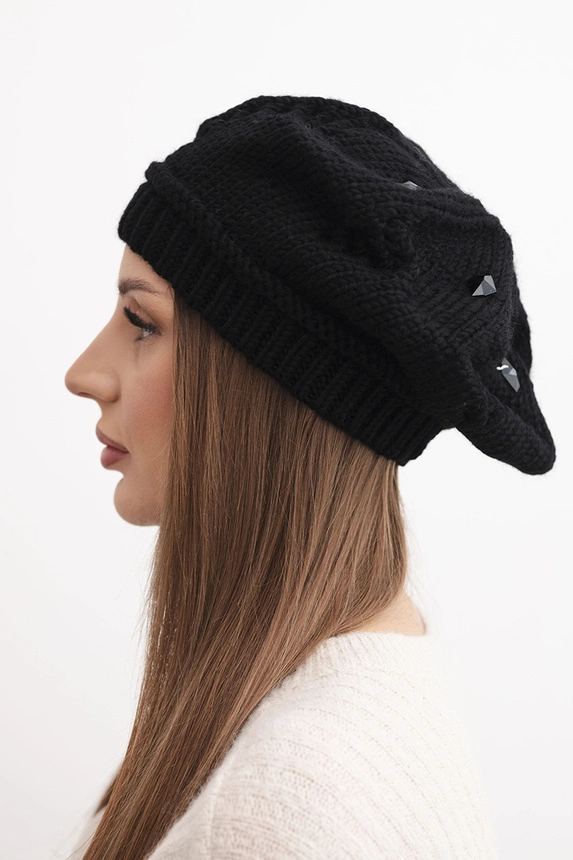 Women's winter wool hat with decorative crystals K459 black