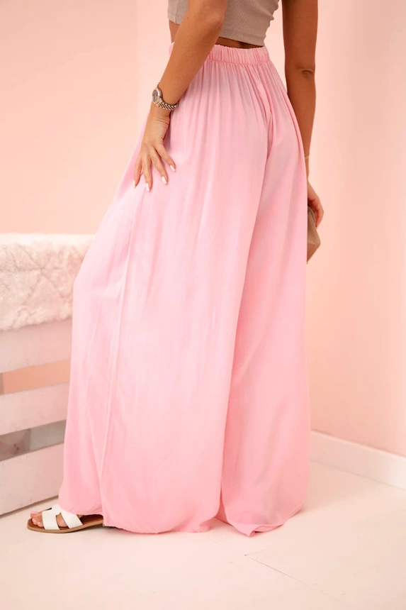 Women's wide viscose trousers with elastic waistband light pink