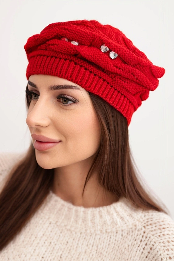 Damenwintermütze mit dekorativem Muster und Kristallen K398 rot