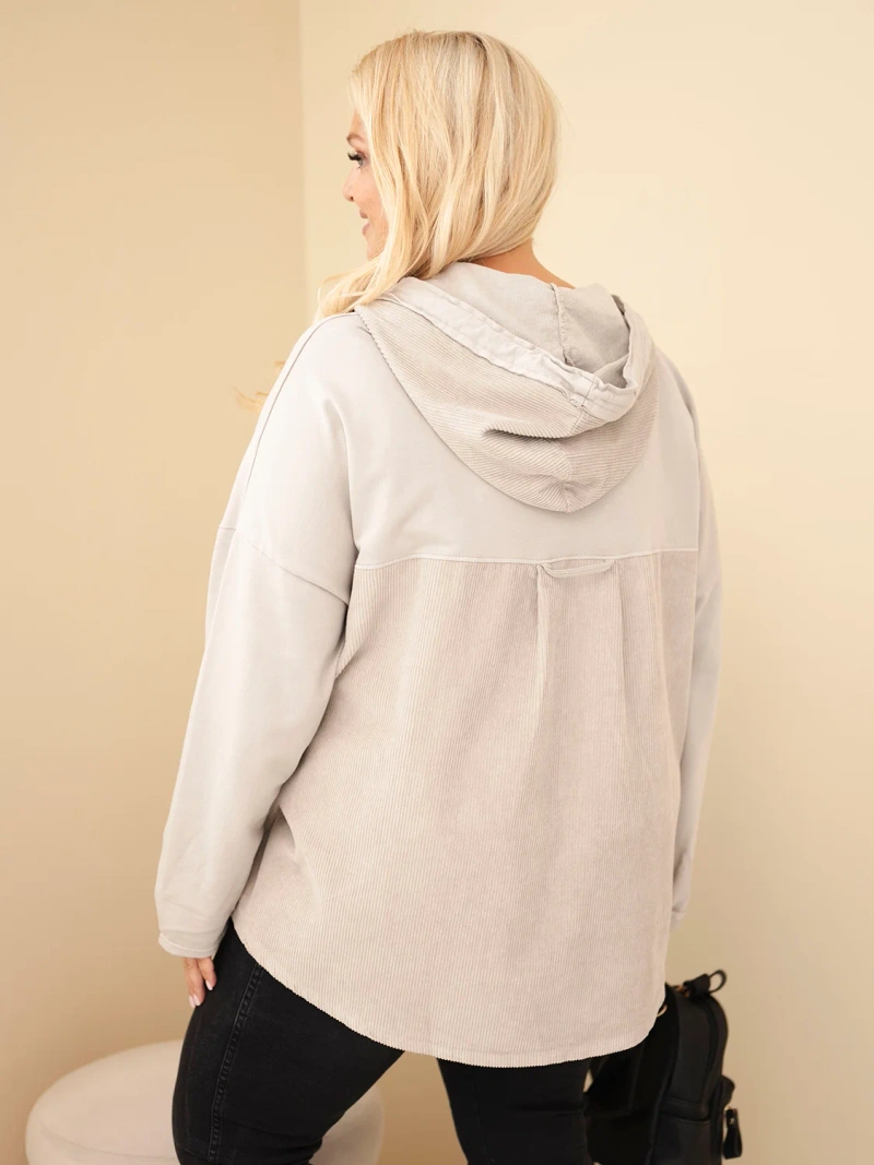 Damen Baumwoll Sweatshirt Plus Size mit Kapuze und Knöpfen beige