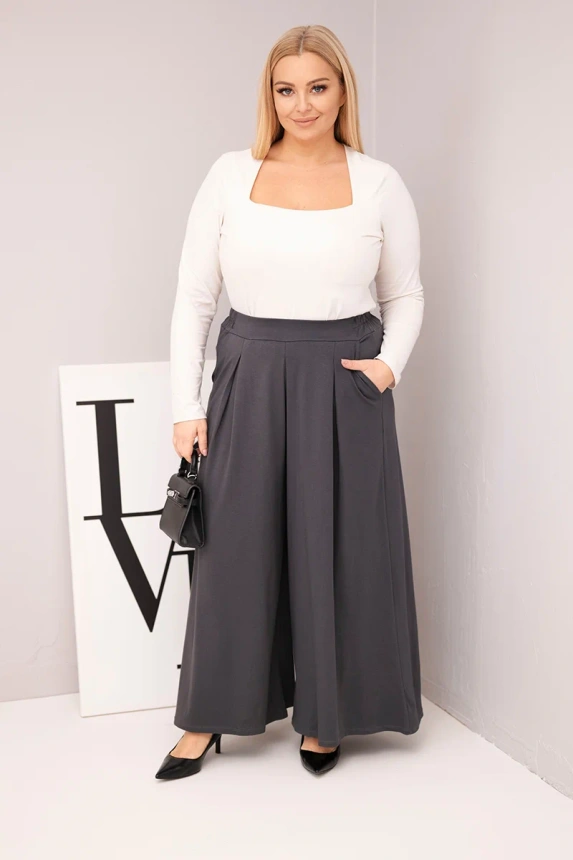 Dámské bavlněné kalhoty Plus Size s širokými nohavicemi a volným střihem grafitové