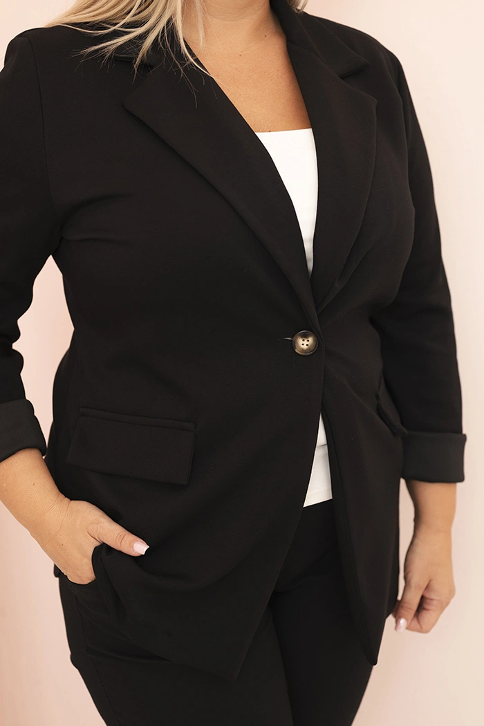 Damenjacke aus Viskose Plus Size mit langen Ärmeln und Kragen schwarz