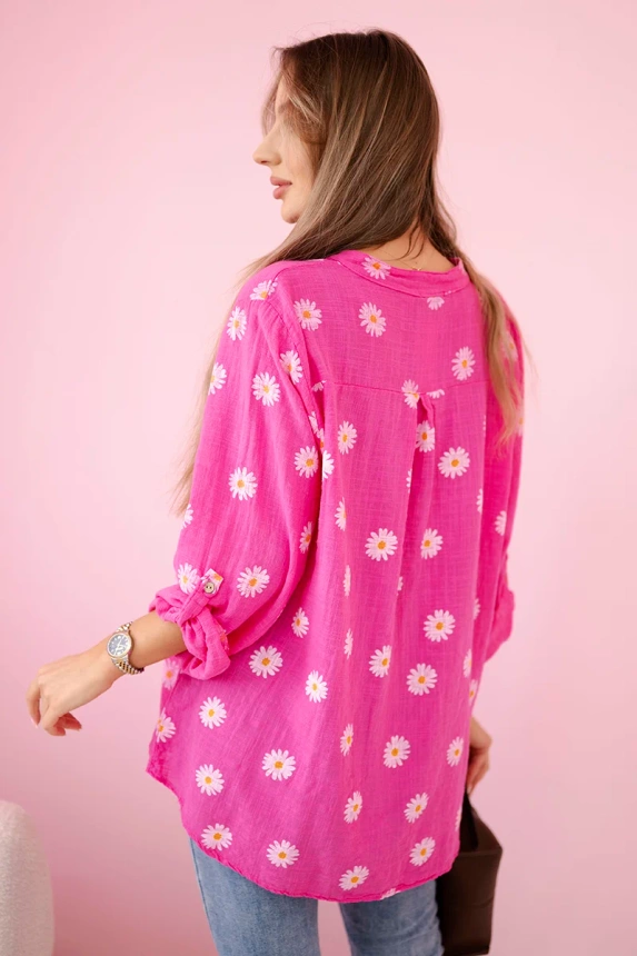 Leinen Damenbluse mit Blumenmuster, langen Ärmeln und Knöpfen Rosa