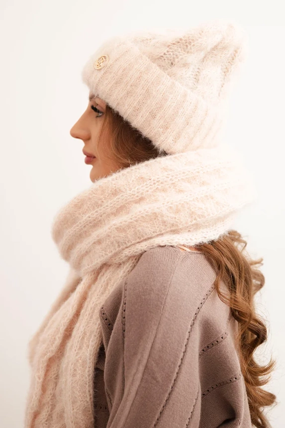 Women's set hat and scarf with ribbing and decoration light powder pink