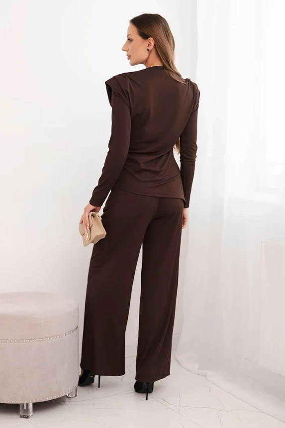 Moteriškas komplektas iš medvilnės su palaidine ir plačiomis kelnėmis rudas