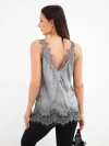Women's satin viscose blouse with lace and V-neck gray