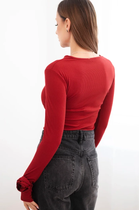 Women's ribbed blouse with side ruching burgundy