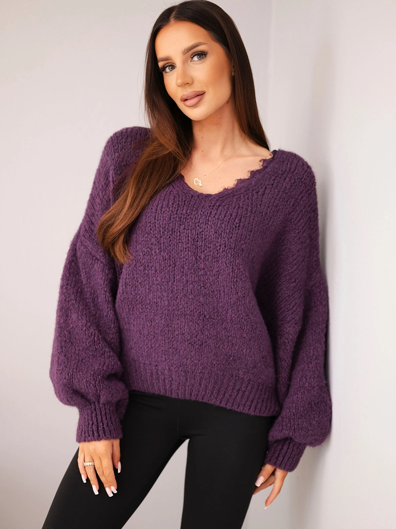 Damenpullover mit Wollanteil lockerer Schnitt dunkellila