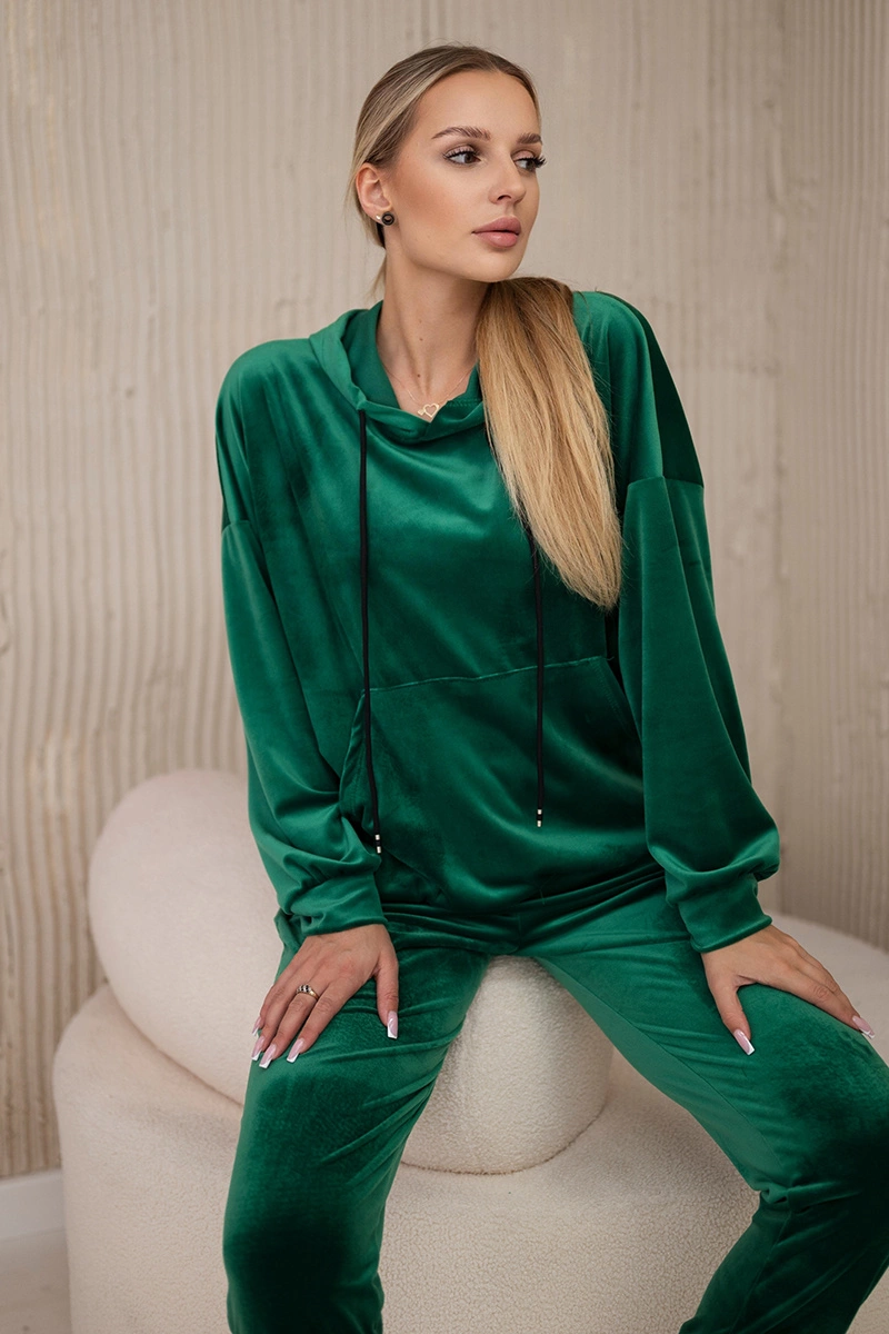 Komplet welurowy bluza kangurka + spodnie jasny zielony zdjęcie 1