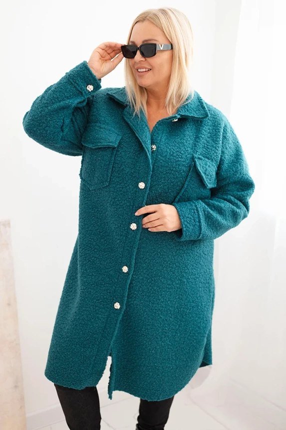 Płaszcz damski Plus Size z wełną zapinany na guziki z kieszeniami i kołnierzem morski