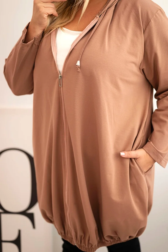 Dámská mikina Plus Size bavlněná s kapucí a zipem cappuccino
