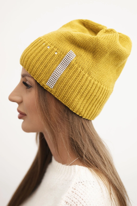 Women's winter wool hat with rhinestones K453 mustard