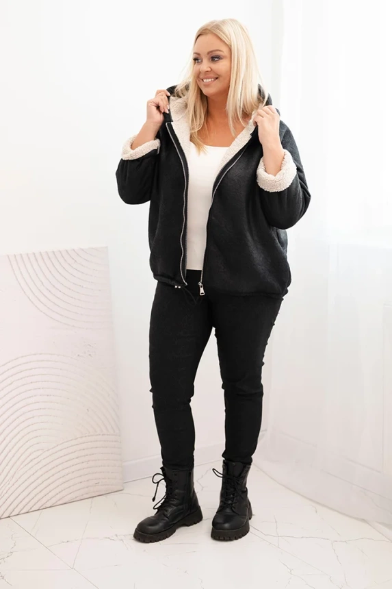 Dámska bunda Plus Size s kapucňou a barancom čierna