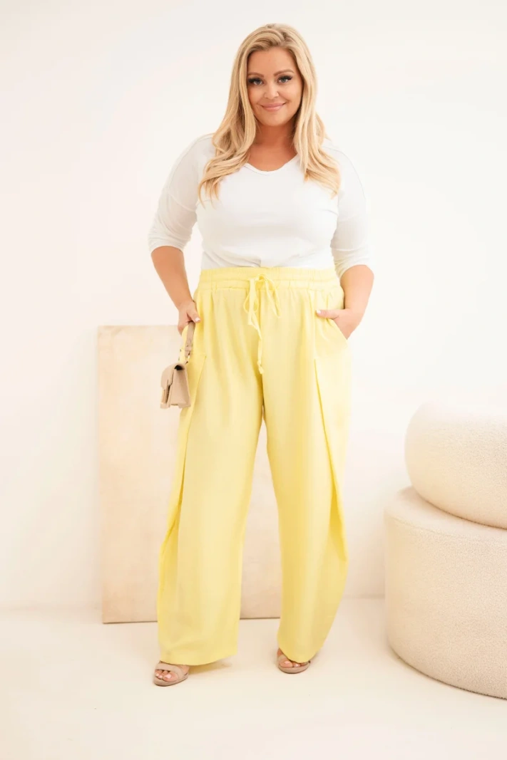 Spodnie damskie bawełniane Plus Size z gumką w pasie żółte