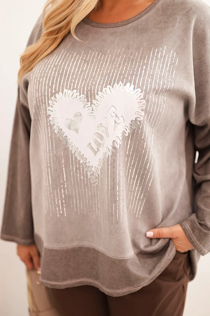 Damenpullover Plus Size aus Baumwolle mit Herzdruck und Kordeln braun