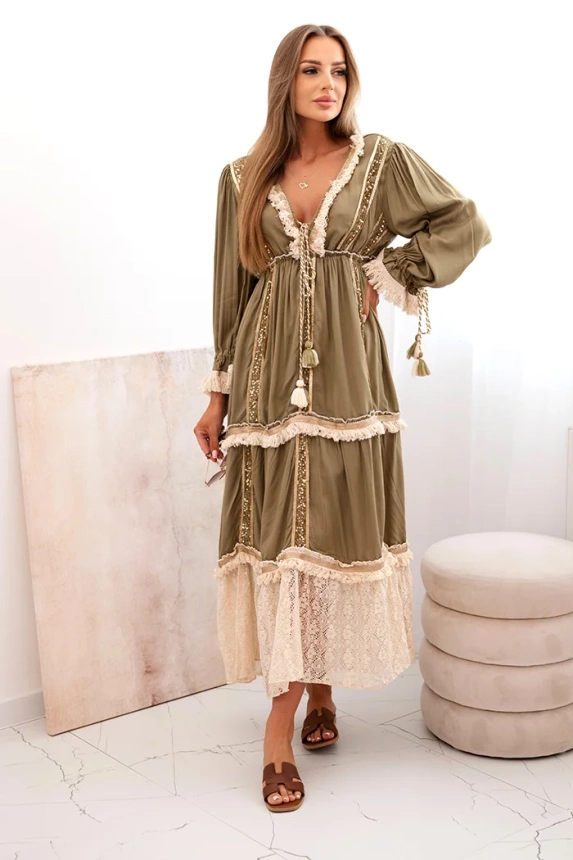 Women's boho dress with lace khaki