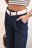 Damen Baumwollhose mit weitem Bein und Gürtel - dunkel jeansblau