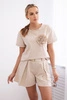 New punto set with decorative flower blouse + shorts dark beige