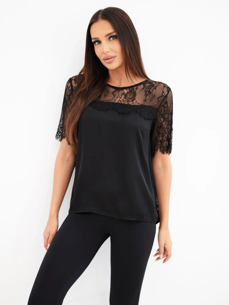 Women's satin viscose blouse with lace and short sleeves black