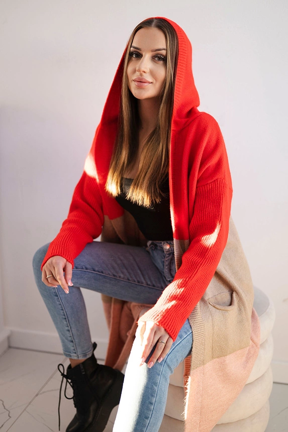Gestreifter Cardigan-Pullover mit Kapuze Rot+Kamel+Puderrosa